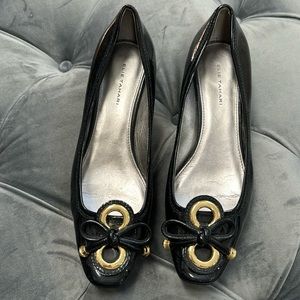 Gorgeous and super wearable Elie Tahiri shoes in black patent with gold accents